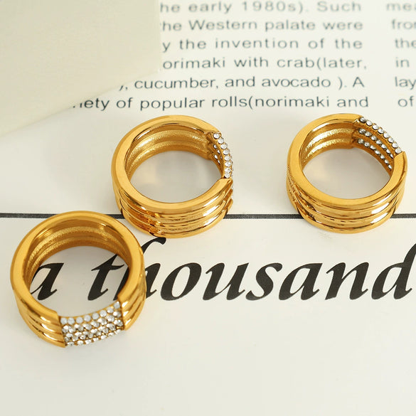 Wholesale Fashion Geometric 316L Stainless Steel 18K Gold Plated Zircon Set Ring For Women