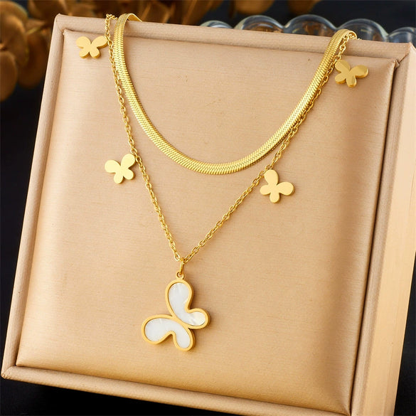 Wholesale Fashion Heart Shape Butterfly Blade Double Pendant Necklace In Stainless Steel And Titanium Steel With Electroplating