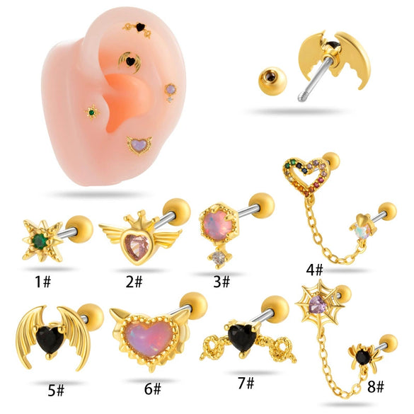Wholesale Fashion Heart Shaped Copper Jewelry For Women Cartilage Puncture Ear Bone Nail With Zirconium Love Chain And Stainless Steel Rod