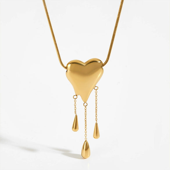 Wholesale Fashion Heartshaped Water Drop Tassel Pendant Necklace In 316 Stainless Steel With Electroplating And Snake Bone Chain For Women