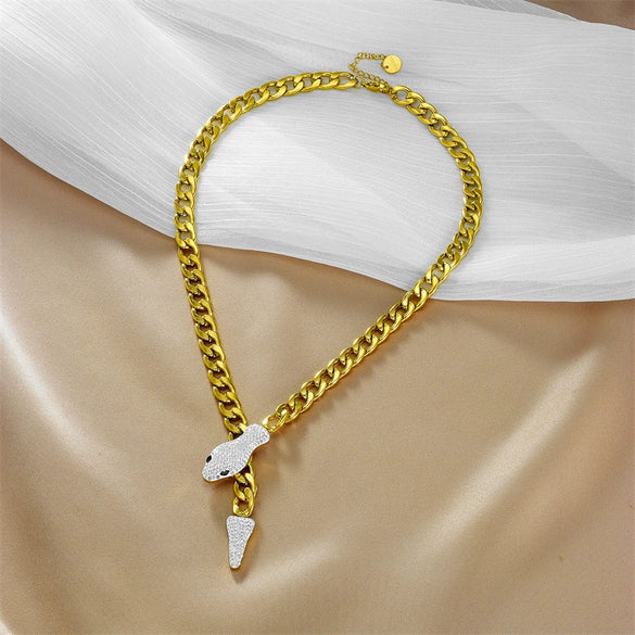 Wholesale Fashion Heavy Metal Snake Head And Tail Titanium Steel Thick Chain Necklace With Electroplating And Full Diamond Unisex