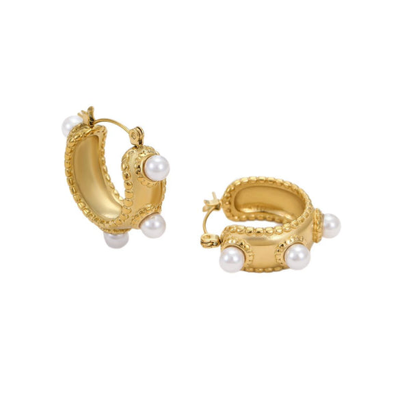 Wholesale Fashion High Sense Inlaid Imitation Pearl Stainless Steel Women's Geometric And Flower Pattern Earrings With Electroplating