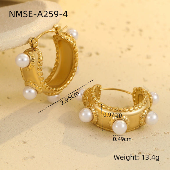 Wholesale Fashion High Sense Inlaid Imitation Pearl Stainless Steel Women's Geometric And Flower Pattern Earrings With Electroplating