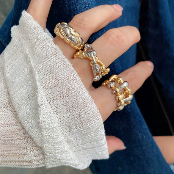 Wholesale Fashion Highend Hollow Weaving Geometric Copper 18K Gold Plated Ring Jewelry