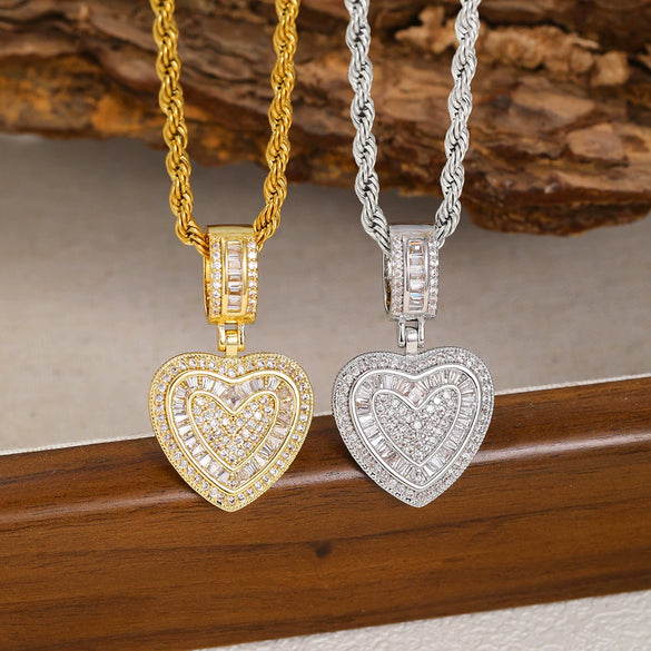 Wholesale Fashion Hip Hop Cool Metal Necklace With Gold Plated Copper Heart Shape Pendant Inlaid With Zircon