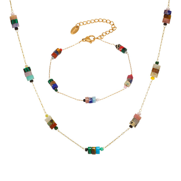 Wholesale Fashion Jewelry Set Of Natural Stone Necklace And Bracelet In Stainless Steel With 18K Gold Non Fading Electroplating