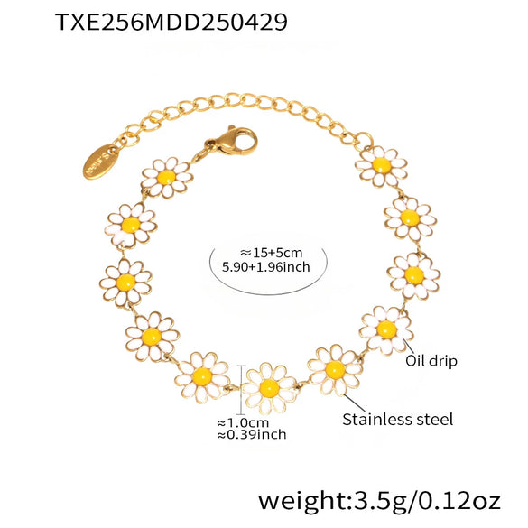 Wholesale Fashion Jewelry Set With Daisy Drop Oil Flower Pattern 316L Stainless Steel 18K Gold Plated Necklace Bracelet Anklet