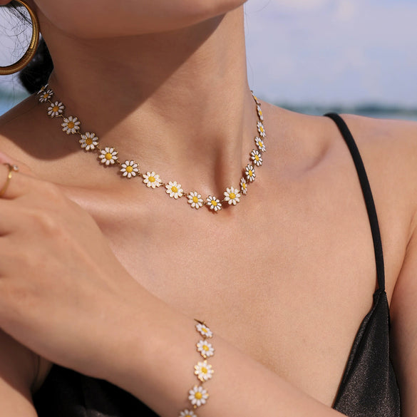 Wholesale Fashion Jewelry Set With Daisy Drop Oil Flower Pattern 316L Stainless Steel 18K Gold Plated Necklace Bracelet Anklet