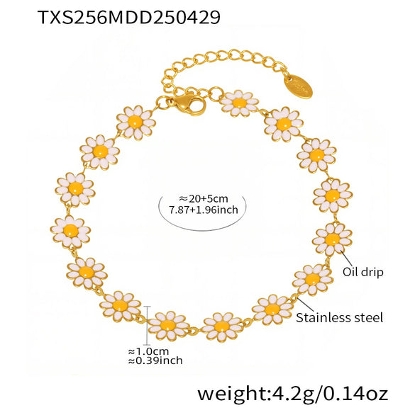 Wholesale Fashion Jewelry Set With Daisy Drop Oil Flower Pattern 316L Stainless Steel 18K Gold Plated Necklace Bracelet Anklet