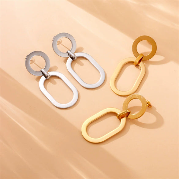 Wholesale Fashion Jewelry Stainless Steel Geometric Round Oval Pendant Earrings Gold Plated