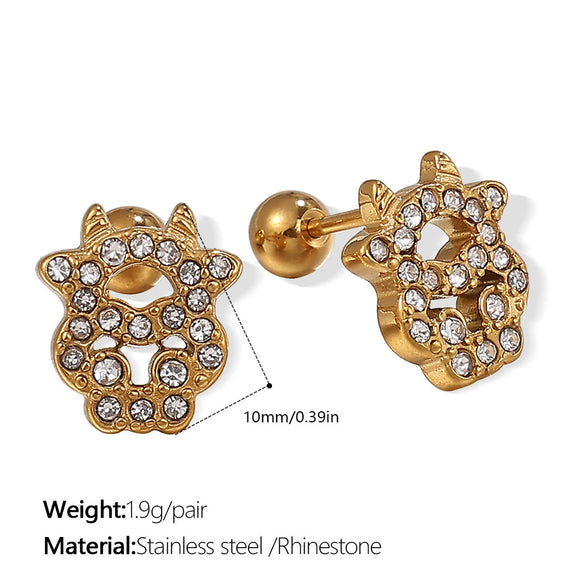 Wholesale Fashion Jewelry Stainless Steel Plated 18K Gold Rhinestone Inlaid Kitten Bear Shaped Earrings