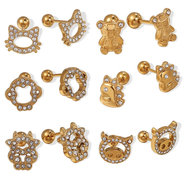Wholesale Fashion Jewelry Stainless Steel Plated 18K Gold Rhinestone Inlaid Kitten Bear Shaped Earrings