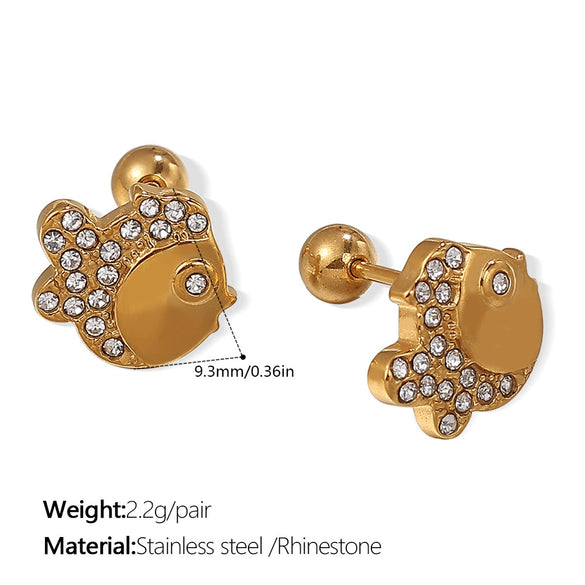Wholesale Fashion Jewelry Stainless Steel Plated 18K Gold Rhinestone Inlaid Kitten Bear Shaped Earrings