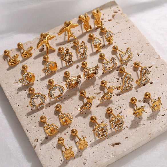 Wholesale Fashion Jewelry Stainless Steel Plated 18K Gold Rhinestone Inlaid Kitten Bear Shaped Earrings