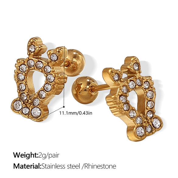 Wholesale Fashion Jewelry Stainless Steel Plated 18K Gold Rhinestone Inlaid Kitten Bear Shaped Earrings