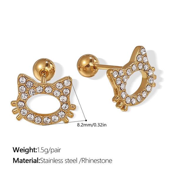 Wholesale Fashion Jewelry Stainless Steel Plated 18K Gold Rhinestone Inlaid Kitten Bear Shaped Earrings