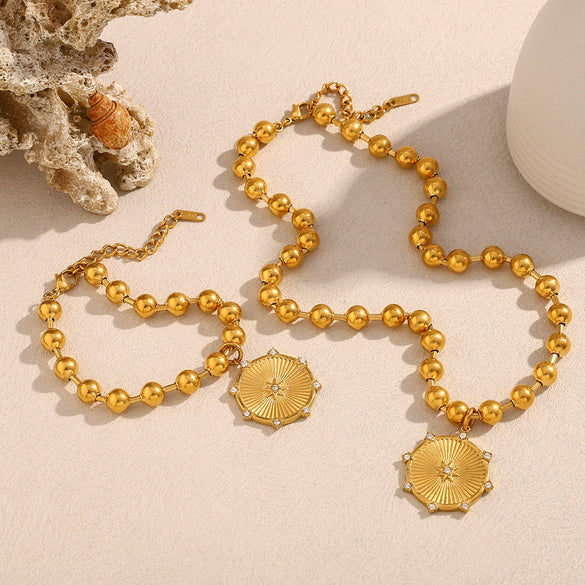 Wholesale Fashion Jewelry Stainless Steel Titanium Steel Electroplated Round Bead Eight Pointed Star Sun And Moon Clouds Universe Pendant Necklace Bracelet For Women