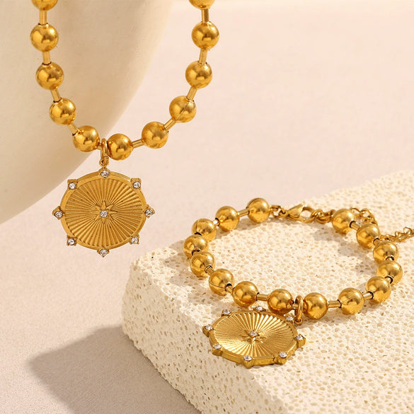 Wholesale Fashion Jewelry Stainless Steel Titanium Steel Electroplated Round Bead Eight Pointed Star Sun And Moon Clouds Universe Pendant Necklace Bracelet For Women