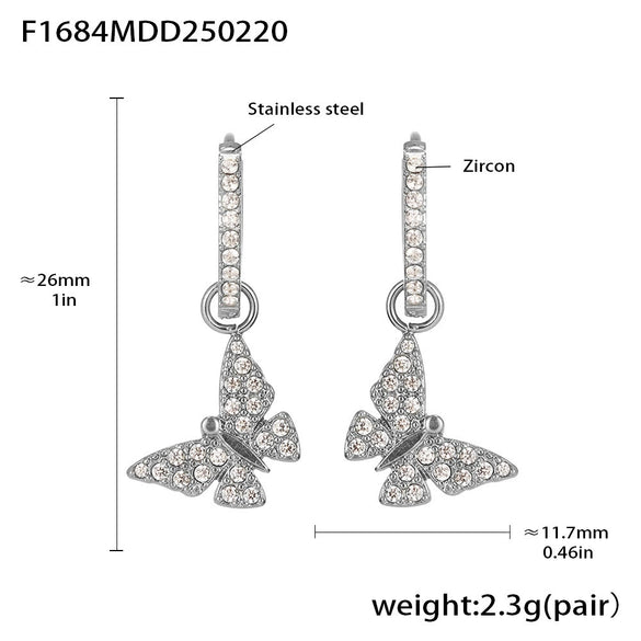Wholesale Fashion Light Luxury Butterfly Zircon Pendant Earrings Stainless Steel Geometric Electroplated