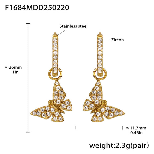 Wholesale Fashion Light Luxury Butterfly Zircon Pendant Earrings Stainless Steel Geometric Electroplated