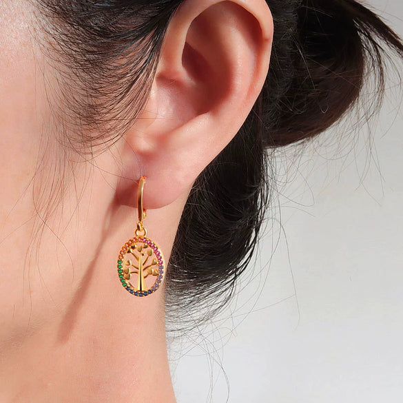 Wholesale Fashion Light Luxury Copper Electroplated Geometric Life Tree Earrings For Women