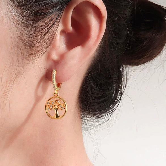 Wholesale Fashion Light Luxury Copper Electroplated Geometric Life Tree Earrings For Women