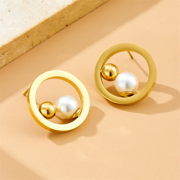 Wholesale Fashion Light Luxury Niche Geometric Hollow Round Two Color Earrings In Stainless Steel With Electroplating For Women