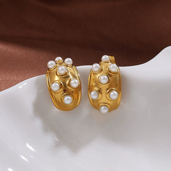 Wholesale Fashion Light Luxury 316L Stainless Steel Inlaid Imitation Pearl Earrings With Electroplating For Women
