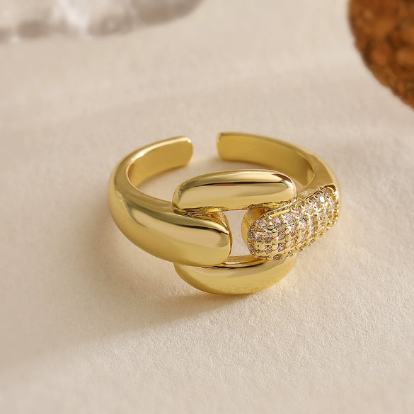 Wholesale Fashion Luxury Copper 18K Gold Plated Zircon Geometric Open Ring For Women Micropaved