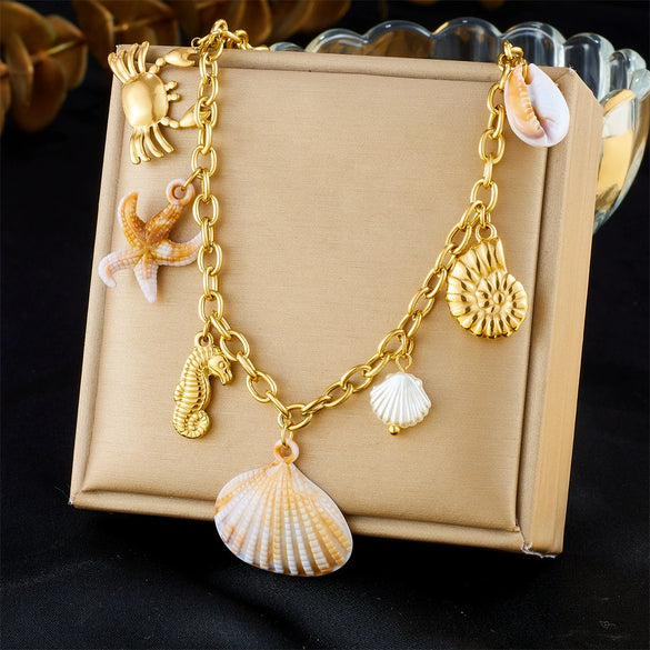 Wholesale Fashion Marine Style Stainless Steel Gold Plated Clavicle Chain With Conch Scallop Dolphin Crab Pendant Necklace Animal Zodiac Shaped Electroplated For Women