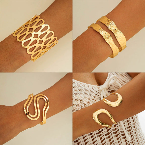 Wholesale Fashion Metal Hollow Exaggerated Opening Alloy Bracelet For Women With Geometric Design