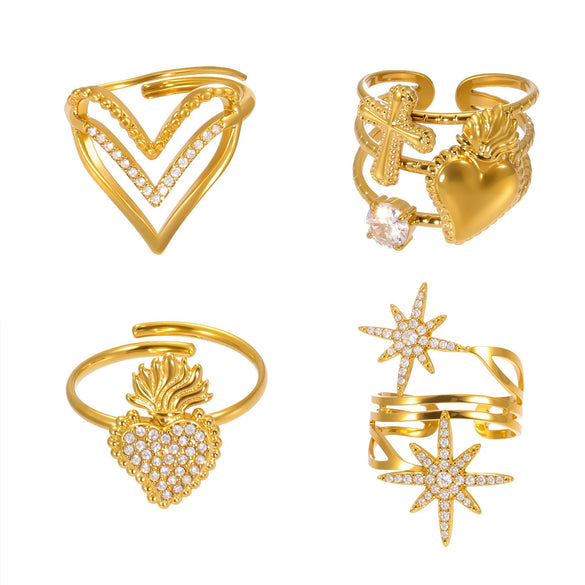 Wholesale Fashion Minimalist Stainless Steel Eightpointed Star Open Cut Out Ring With 18K Gold Electroplating For Women