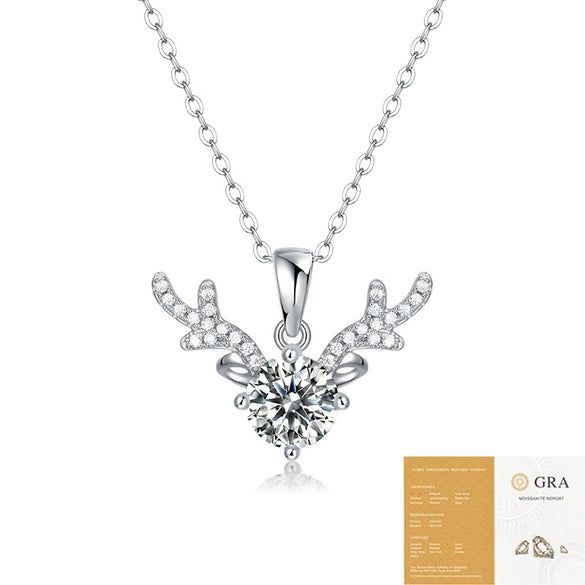Wholesale Fashion Moissanite Inlay 925 Silver Antler Pendant Ball Chain Necklace Geometric Pattern