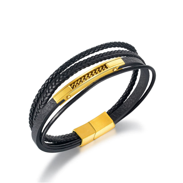 Wholesale Fashion Multilayer Stainless Steel Woven Leather Men's Bracelet Jewelry