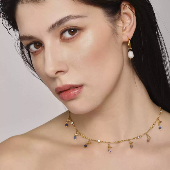 Wholesale Fashion Necklace Freshwater Pearl Stainless Steel Handmade Zircon Lapis Lazilli Clavicle Chain With Geometric Style And Electroplating Process For Women