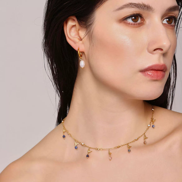 Wholesale Fashion Necklace Freshwater Pearl Stainless Steel Handmade Zircon Lapis Lazilli Clavicle Chain With Geometric Style And Electroplating Process For Women