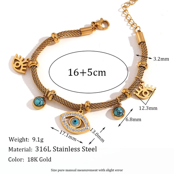 Wholesale Fashion Niche Bracelet And Necklace Set Stainless Steel Geometric Mesh Chain Beads With Turquoise Eye Electroplated For Women