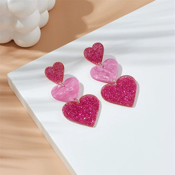 Wholesale Fashion Niche Creative Heart Acrylic Color Glitter Connect Love Long Hanging Earrings With Printing Process For Women