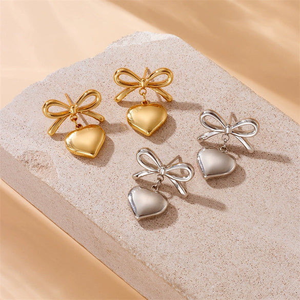 Wholesale Fashion Niche Design Goldplated Stainless Steel Heart Bow Love Pendant Hanging Earrings For Women