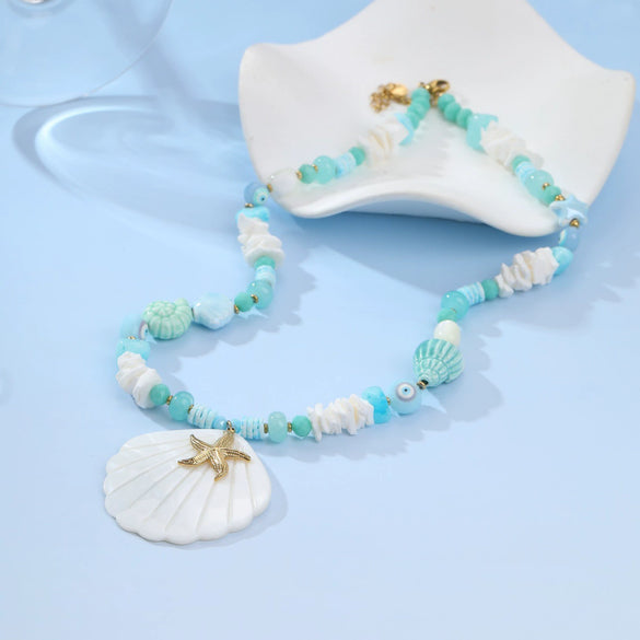 Wholesale Fashion Ocean Style Geometric Shell Starfish Pendant Stainless Steel 18K Electroplated Necklace For Women