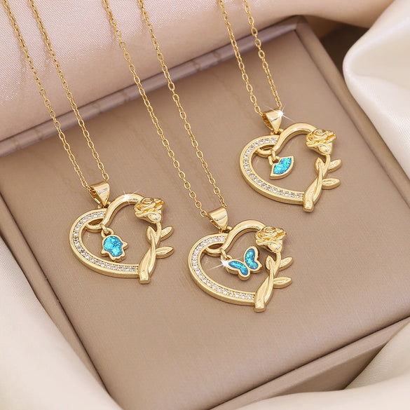 Wholesale Fashion Plated Copper Love Heart Shape Butterfly Pendant Necklace