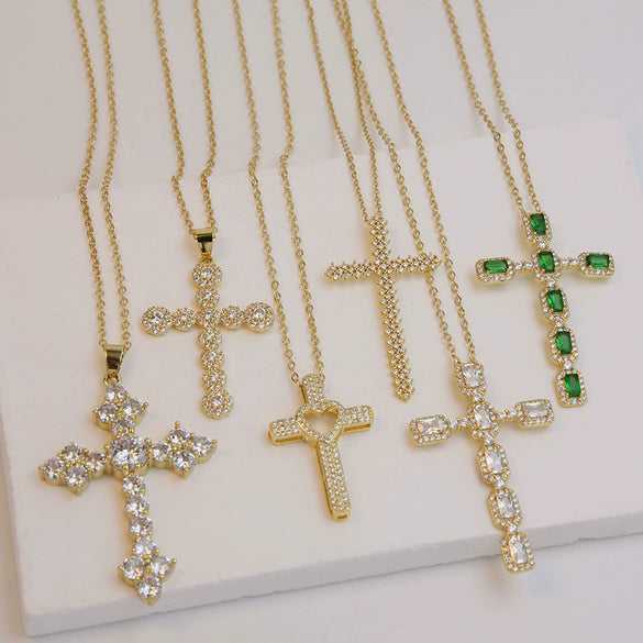 Wholesale Fashion Religious Cross Pendant Necklace Brass Zircon Electroplated For Women