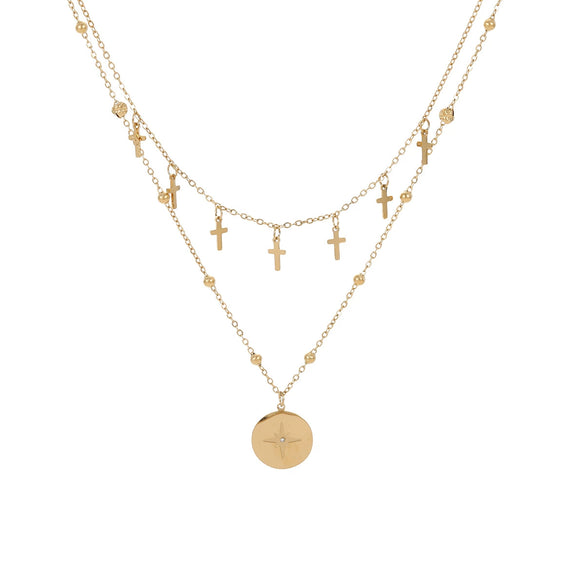 Wholesale Fashion Retro Doublelayer Stacked Titanium Steel And Stainless Steel Necklace With Cross Star Round Geometric Design And Electroplating For Women