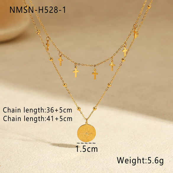Wholesale Fashion Retro Doublelayer Stacked Titanium Steel And Stainless Steel Necklace With Cross Star Round Geometric Design And Electroplating For Women