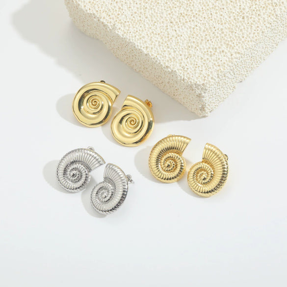 Wholesale Fashion Retro Glossy Copper Plated Spiral Conch Shape Animal Zodiac Design Earrings Unisex