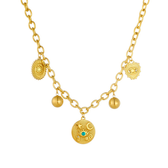 Wholesale Fashion Retro Love Eyes Mang Star Round Geometric Pattern Stainless Steel Gold Plated Pendant Necklace For Women