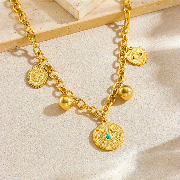 Wholesale Fashion Retro Love Eyes Mang Star Round Geometric Pattern Stainless Steel Gold Plated Pendant Necklace For Women