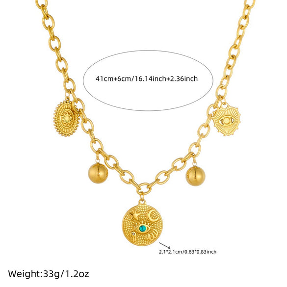 Wholesale Fashion Retro Love Eyes Mang Star Round Geometric Pattern Stainless Steel Gold Plated Pendant Necklace For Women