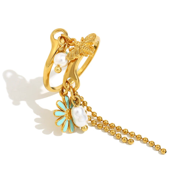 Wholesale Fashion Retro Medieval Jewelry Stainless Steel 18K Gold Plated Tassel Open Ring With Flower Pattern And Electroplating