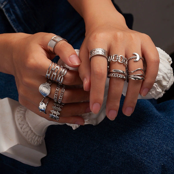Wholesale Fashion Retro Multilayer Titanium Steel Ring With Crown Moon Heart Flower Leaf Letter Number Text Shape For Women